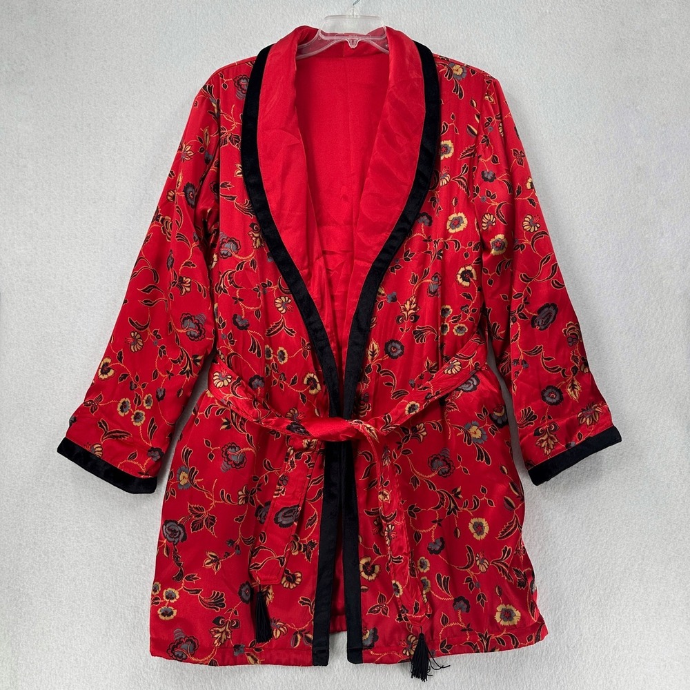 Jaclyn Smith Quilted Asian Robe Reversible Floral Satin Red SMALL Belted Pockets